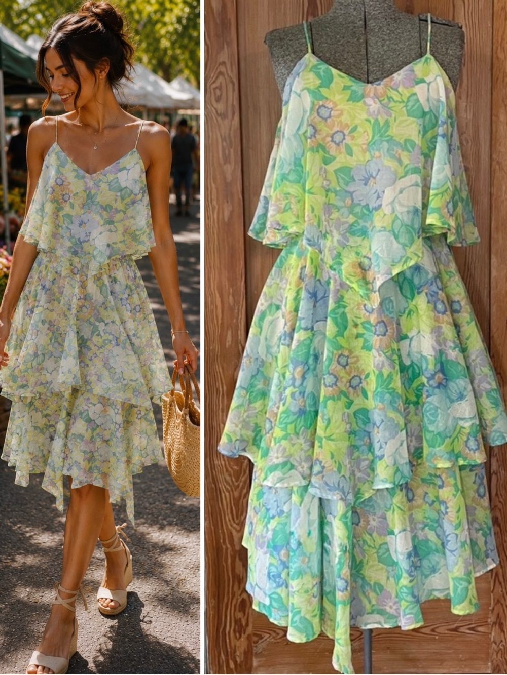 Vntg 70s Vicky Vaughn Pastel Floral
Tiered Handkerchief Hem Chiffon
Dress~S💛